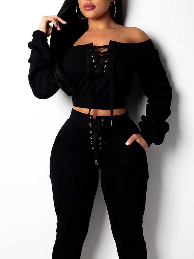 Lace-Up Design Off Shoulder Sweatshirt & Pant Sets - DadHats2ow6ix