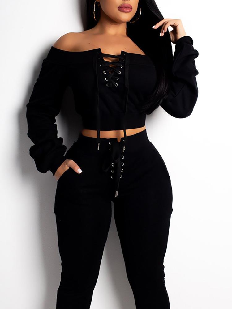 Lace-Up Design Off Shoulder Sweatshirt & Pant Sets - DadHats2ow6ix