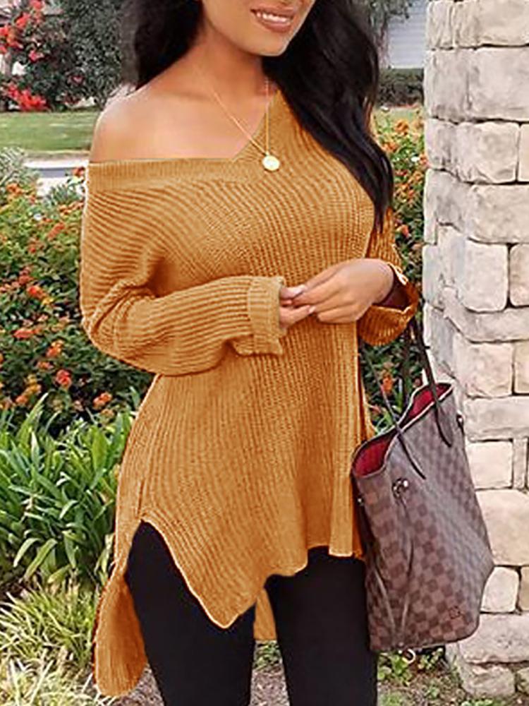 Solid Long Sleeve Side Slit Dip Hem Sweater - DadHats2ow6ix