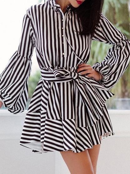 Striped Bishop Sleeve Tied Waist Shirt Dress - DadHats2ow6ix