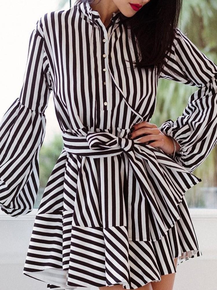 Striped Bishop Sleeve Tied Waist Shirt Dress - DadHats2ow6ix