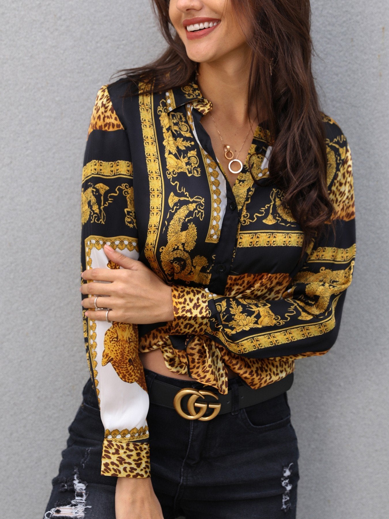 Leopard Print Knot Front Long Sleeve Blouse - DadHats2ow6ix