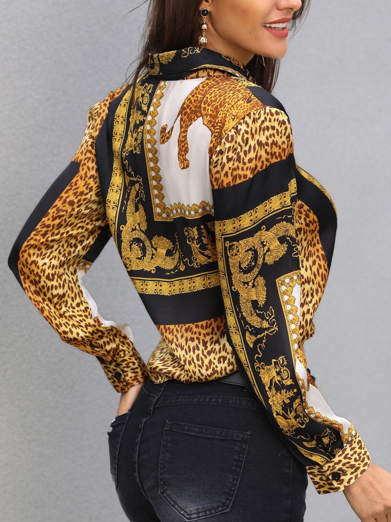 Leopard Print Knot Front Long Sleeve Blouse - DadHats2ow6ix