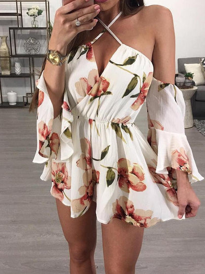 Vintage Floral Print Tied Off Shoulder Casual Romper - DadHats2ow6ix