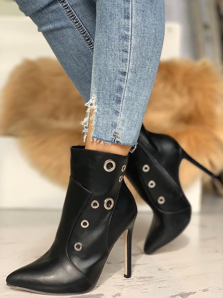 Metallic Ring Point Toe Thin Heeled Boots - DadHats2ow6ix