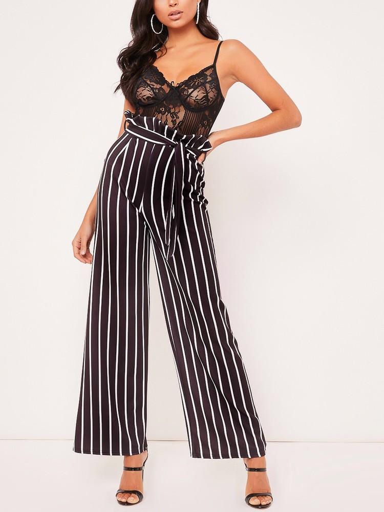 Frills Striped Belted High Waist Wide Leg Pants - DadHats2ow6ix