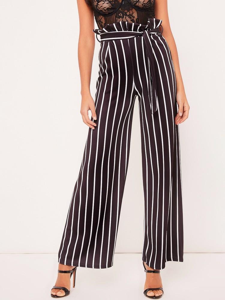 Frills Striped Belted High Waist Wide Leg Pants - DadHats2ow6ix