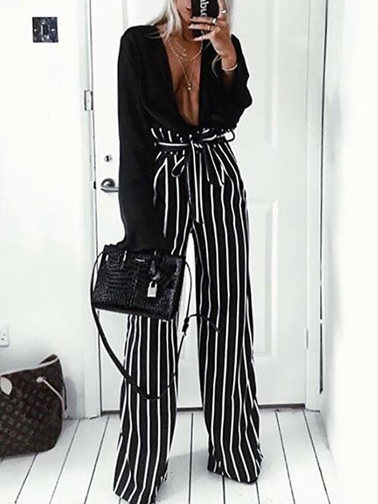 Frills Striped Belted High Waist Wide Leg Pants - DadHats2ow6ix