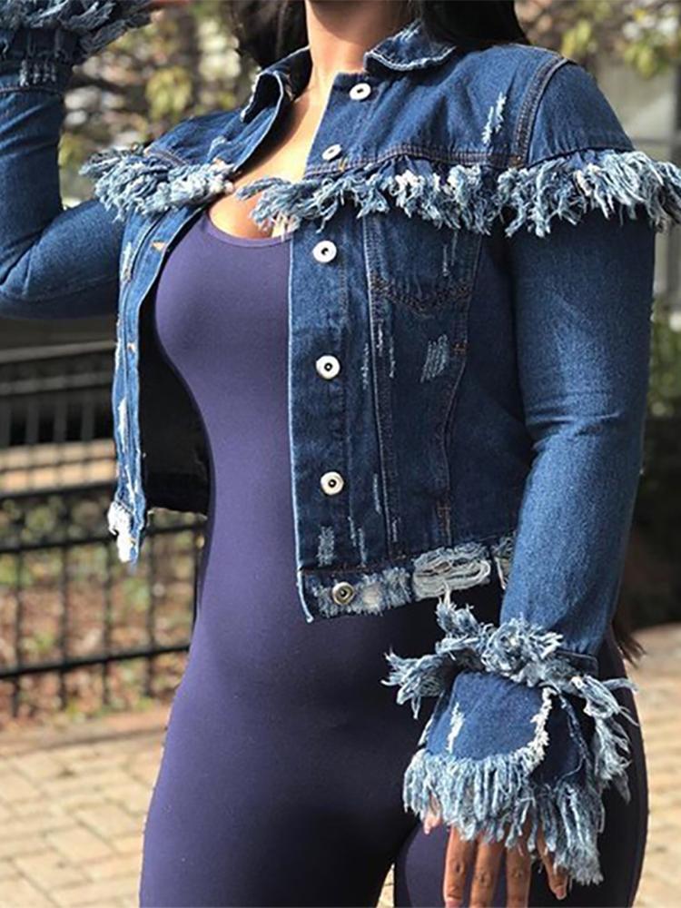 Denim Fringes Distressed Tassel Coat - DadHats2ow6ix