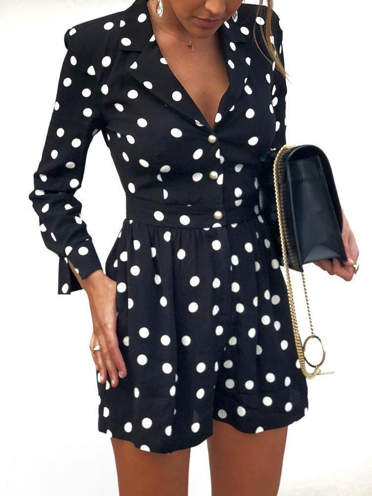 Polka Dot V Neck Long Sleeve Romper - DadHats2ow6ix