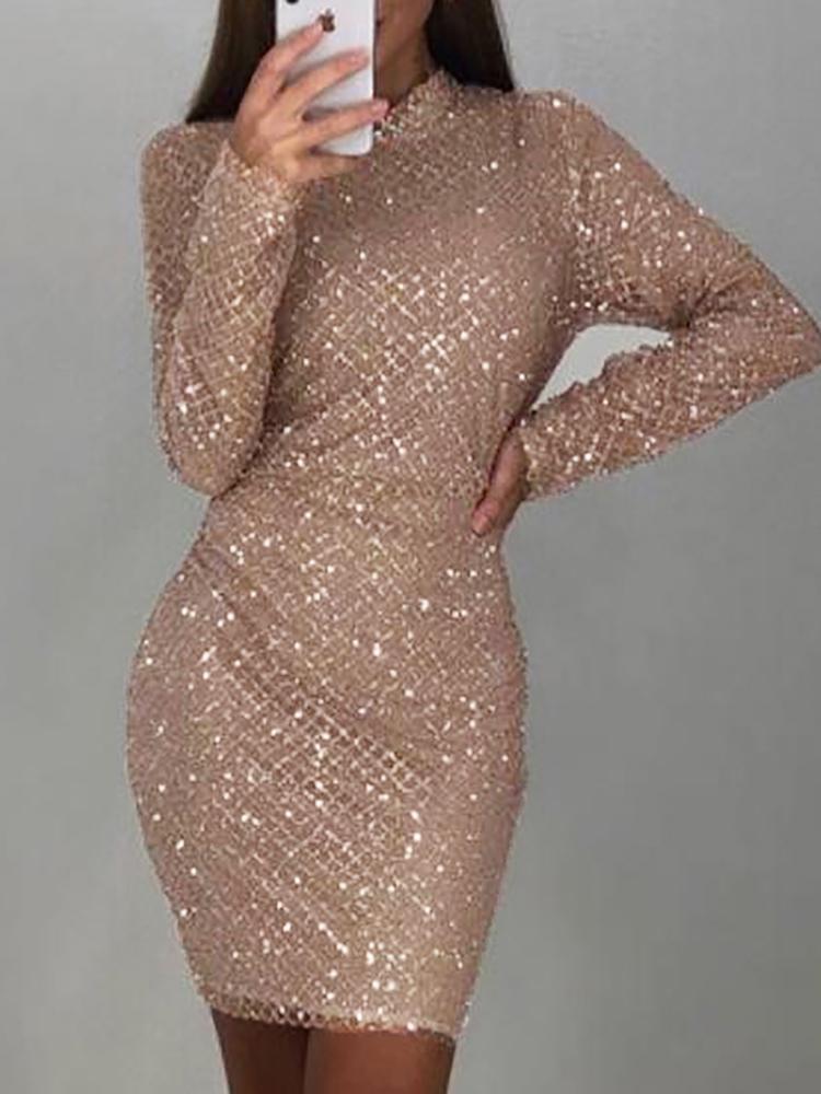 Shiny Sequins Long Sleeve Bodycon Dress - DadHats2ow6ix