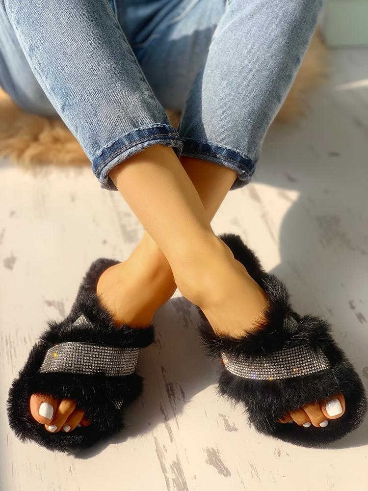 Shiny Fluffy Embellished Open Toe Mules - DadHats2ow6ix