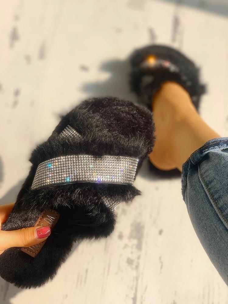 Shiny Fluffy Embellished Open Toe Mules - DadHats2ow6ix