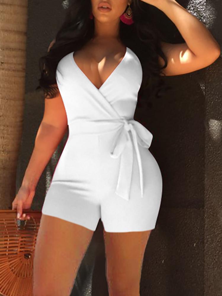 Solid Color Tie Waist Wrap Romper - DadHats2ow6ix