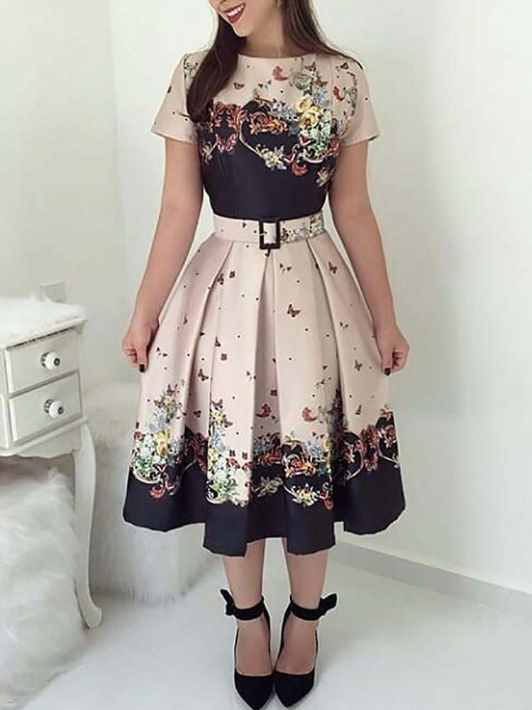 Butterfly Print Short Sleeve Belted Pleated Dress - DadHats2ow6ix