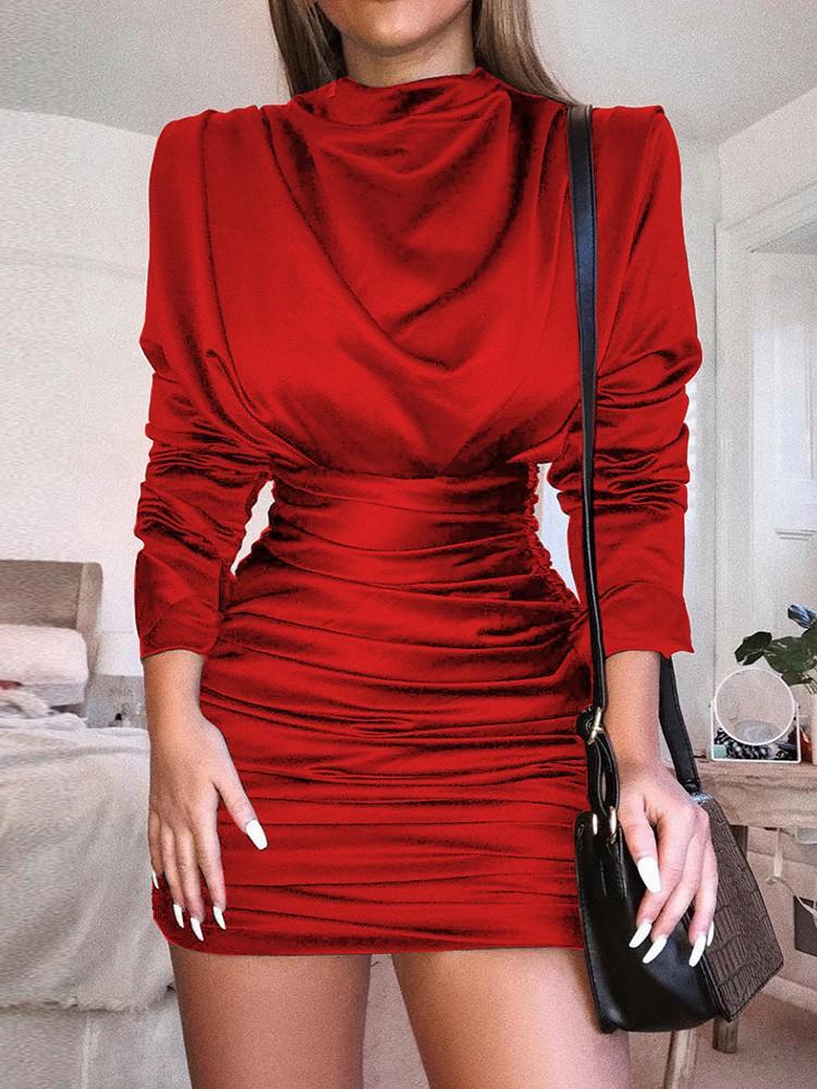 Long Sleeve Slit Back Ruched Party Dress - DadHats2ow6ix