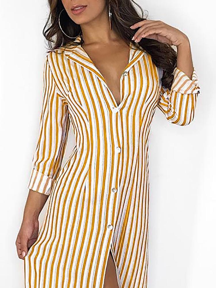 Stripes Long Sleeve Button Up Slit Maxi Shirt Dress - DadHats2ow6ix