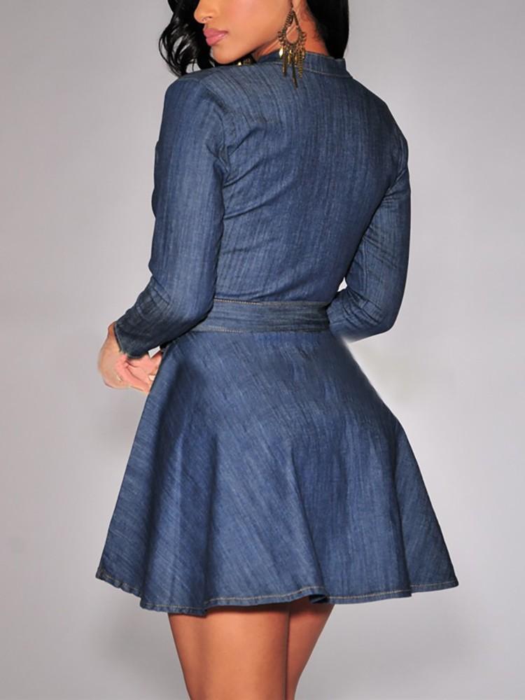 Denim Pleated Button Design Belted Casual Dress - DadHats2ow6ix