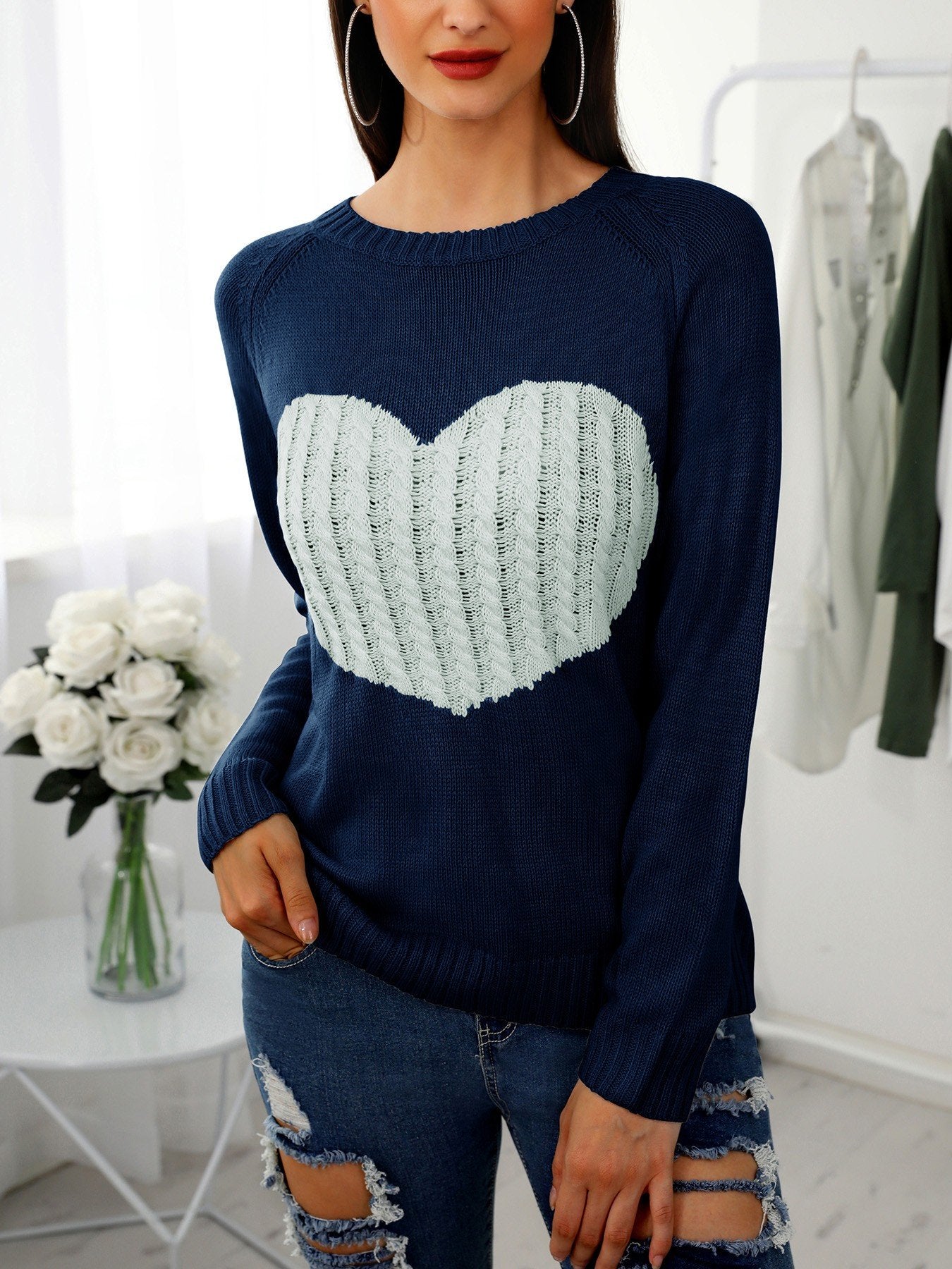 Heart Pattern Long Sleeve Casual Sweater - DadHats2ow6ix