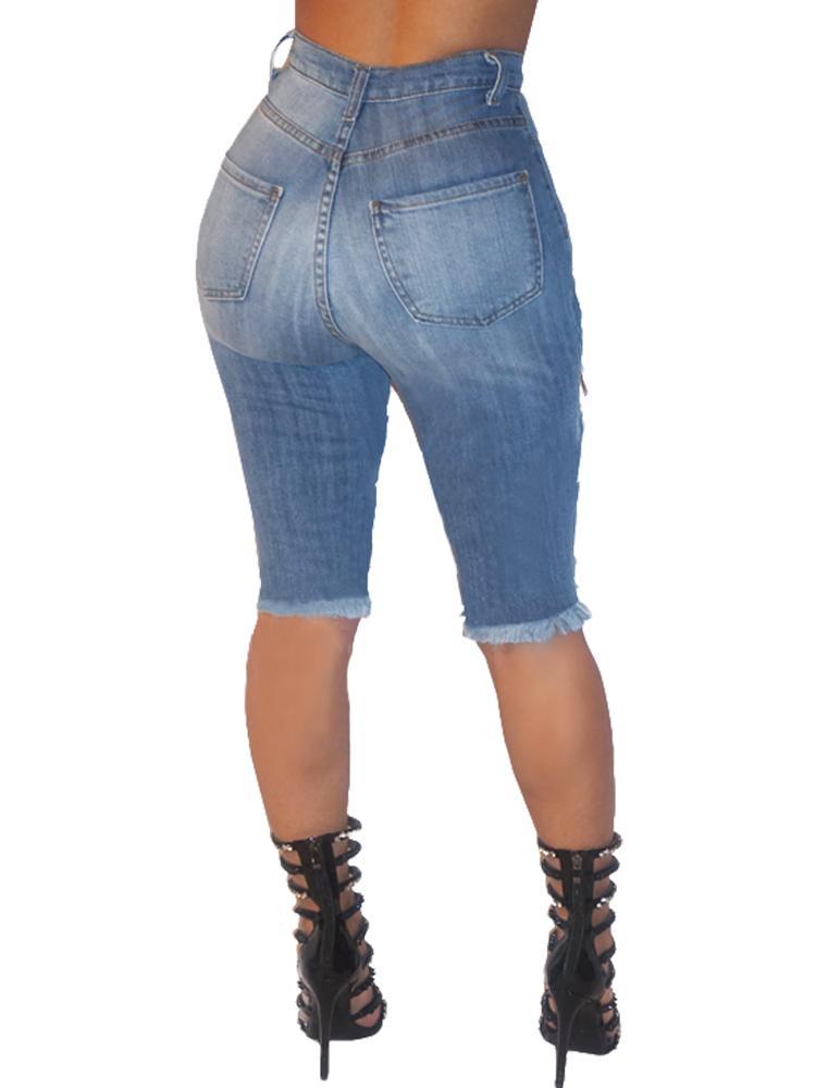 Fashion Women Raw Cut Holey Short Denim Jeans - DadHats2ow6ix