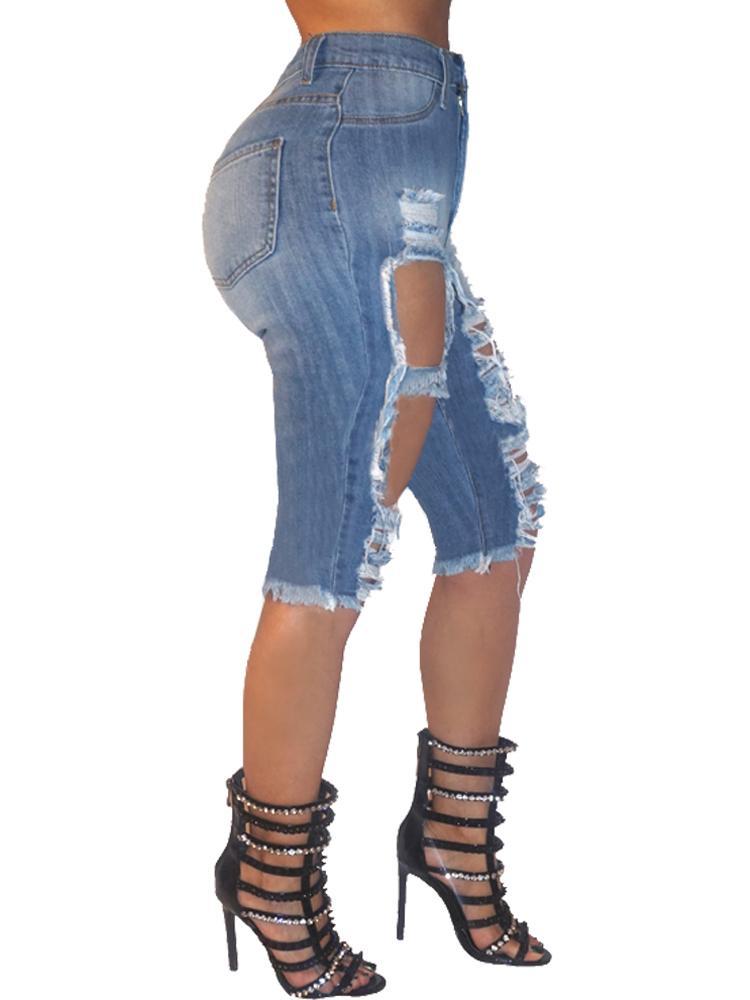 Fashion Women Raw Cut Holey Short Denim Jeans - DadHats2ow6ix