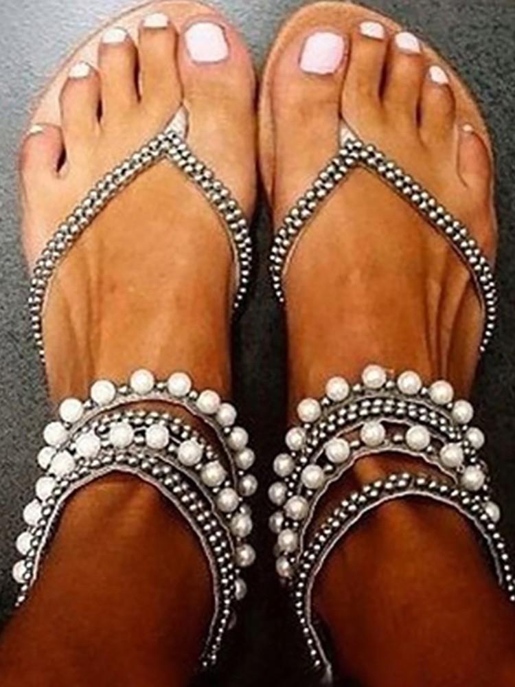 Stylish Beading Embellished Ankle Strap Flip-flop Sandals - DadHats2ow6ix