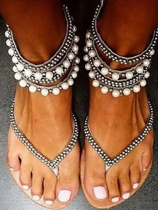 Stylish Beading Embellished Ankle Strap Flip-flop Sandals - DadHats2ow6ix