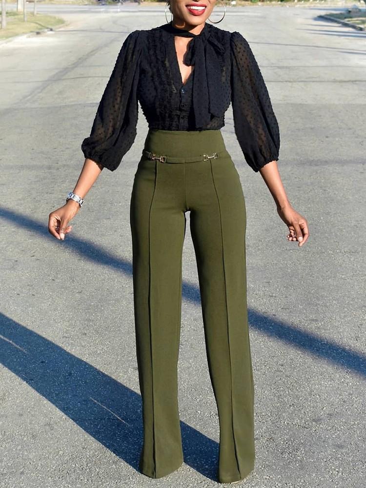 Solid Buckle High Waist Wide Leg Pants - DadHats2ow6ix