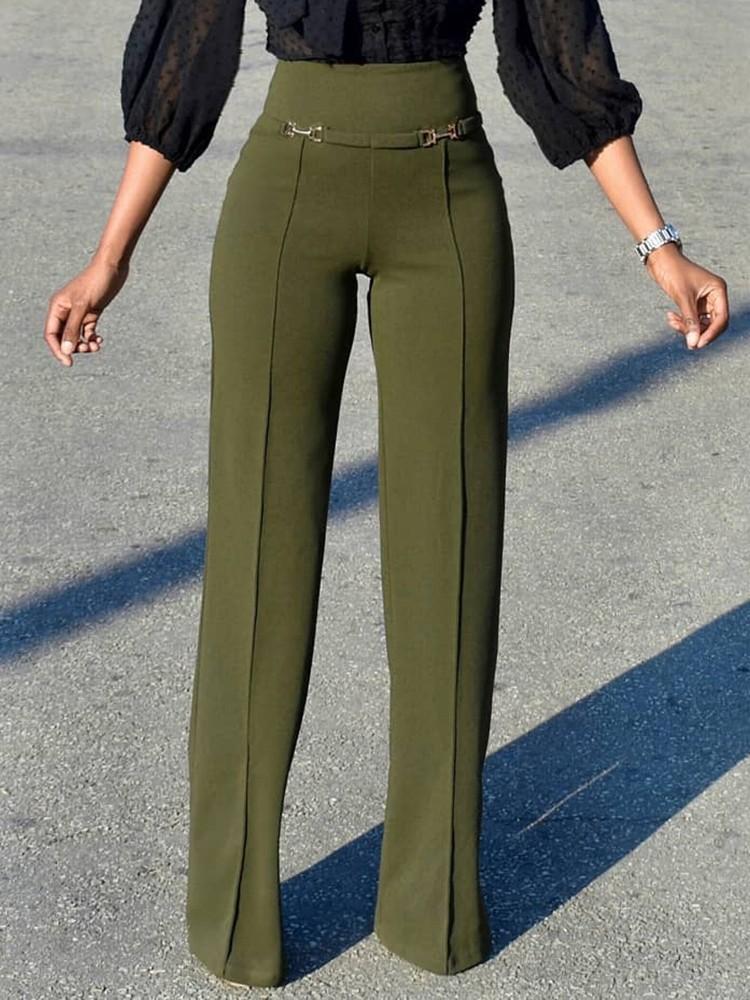 Solid Buckle High Waist Wide Leg Pants - DadHats2ow6ix