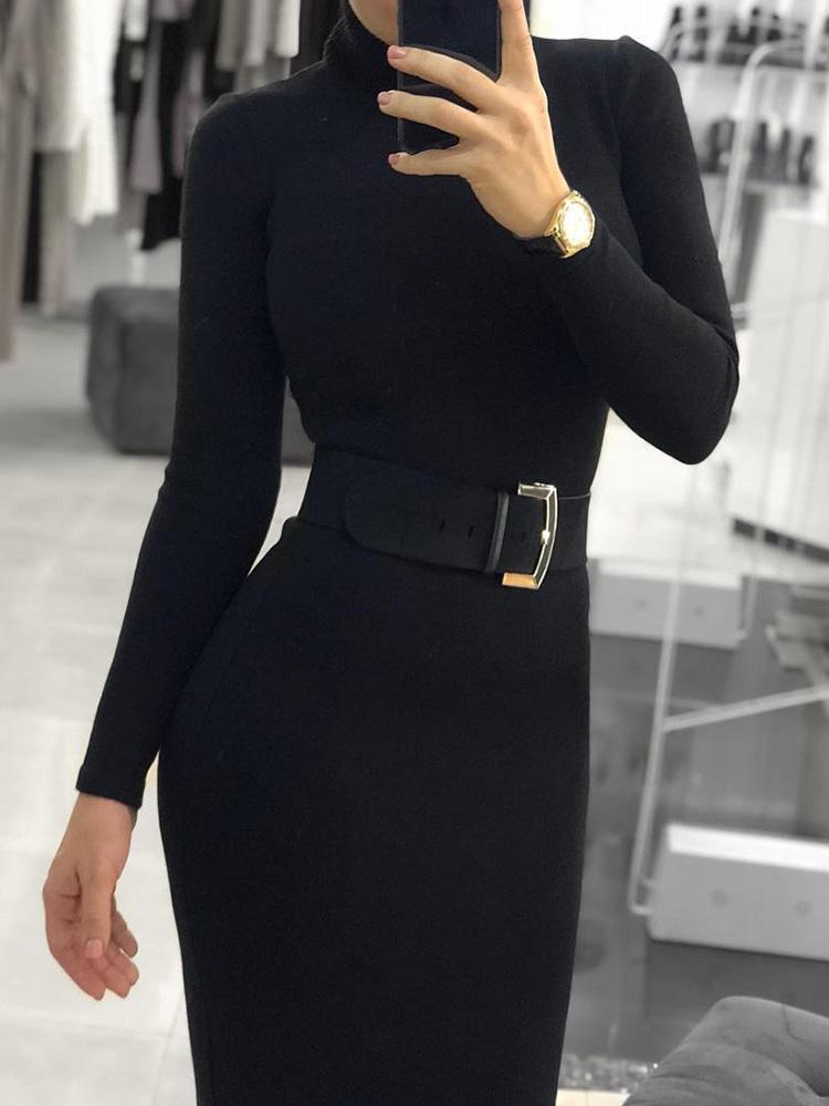 High Neck Long Sleeve Slinky Dress - DadHats2ow6ix