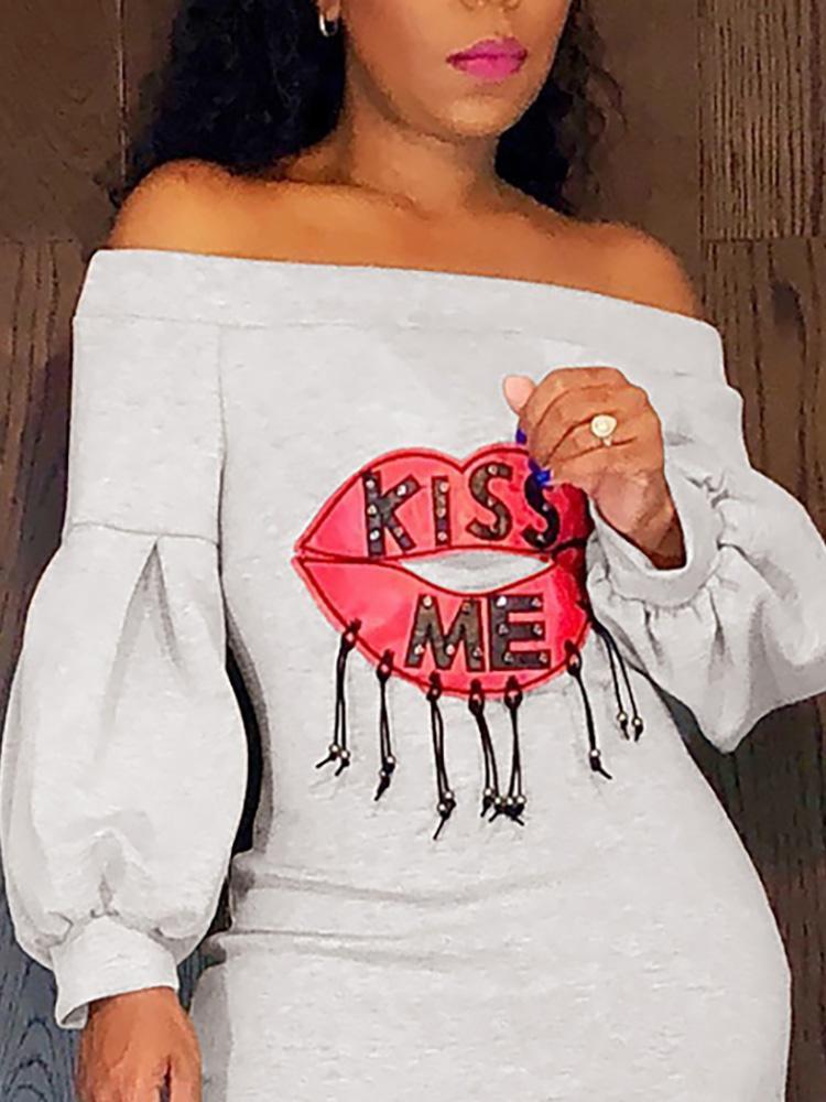 Kiss Me Lip Pattern Off Shoulder Dress - DadHats2ow6ix