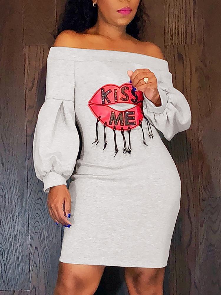 Kiss Me Lip Pattern Off Shoulder Dress - DadHats2ow6ix