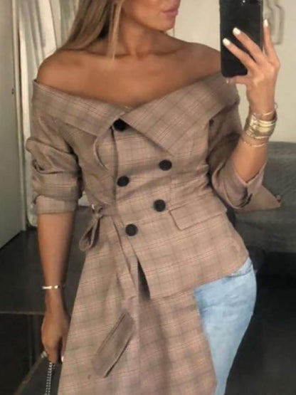 Off Shoulder Grid Irregular Blazer - DadHats2ow6ix