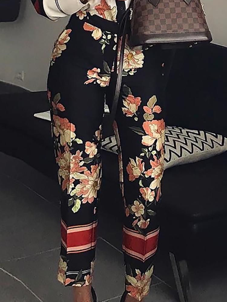 Floral Print Turn-Down Neck Long Sleeve Jumpsuit - DadHats2ow6ix