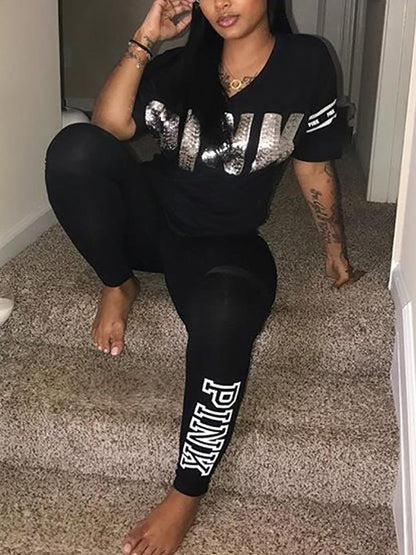 Letter Print Patchwork Casual Pant Sets - DadHats2ow6ix