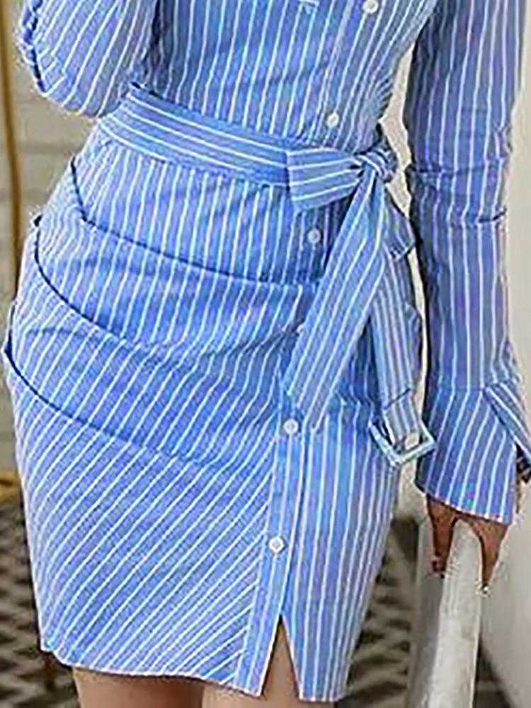 Pinstripes Ruched Irregular Belted Shirt Dress - DadHats2ow6ix