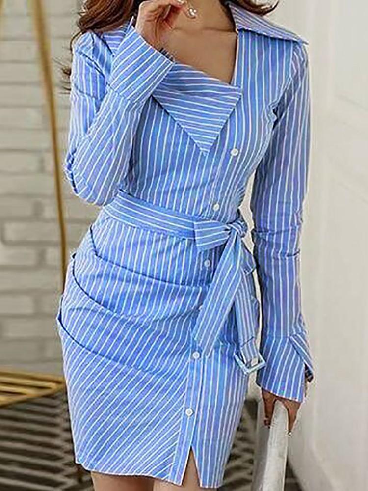 Pinstripes Ruched Irregular Belted Shirt Dress - DadHats2ow6ix