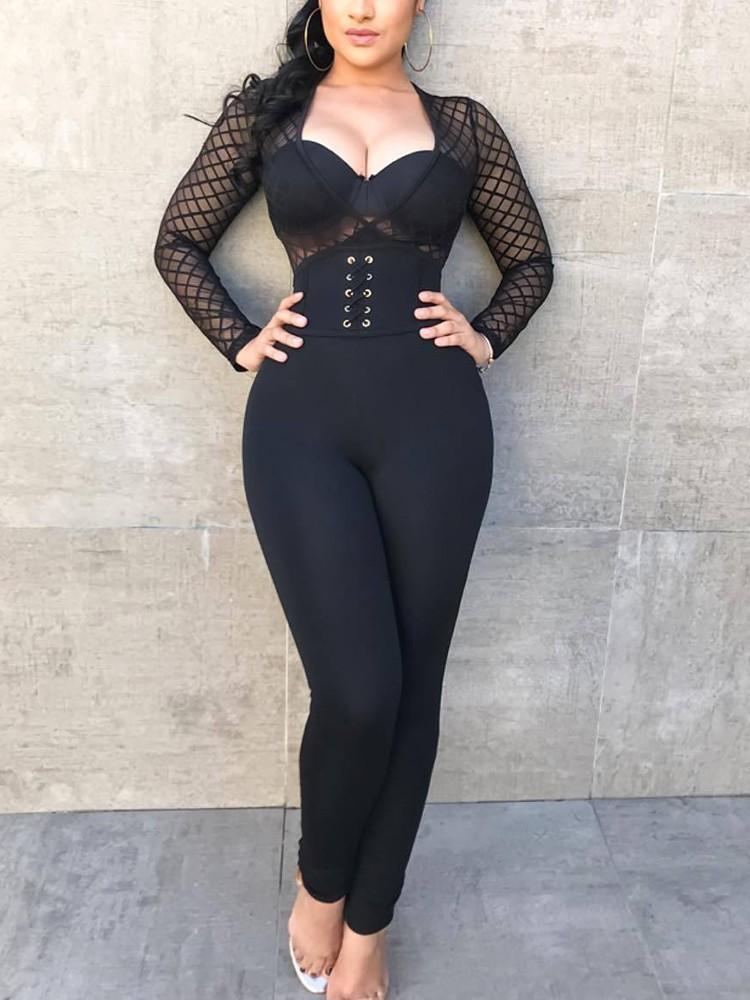 Mesh Splicing Deep V Lace-up Jumpsuit - DadHats2ow6ix