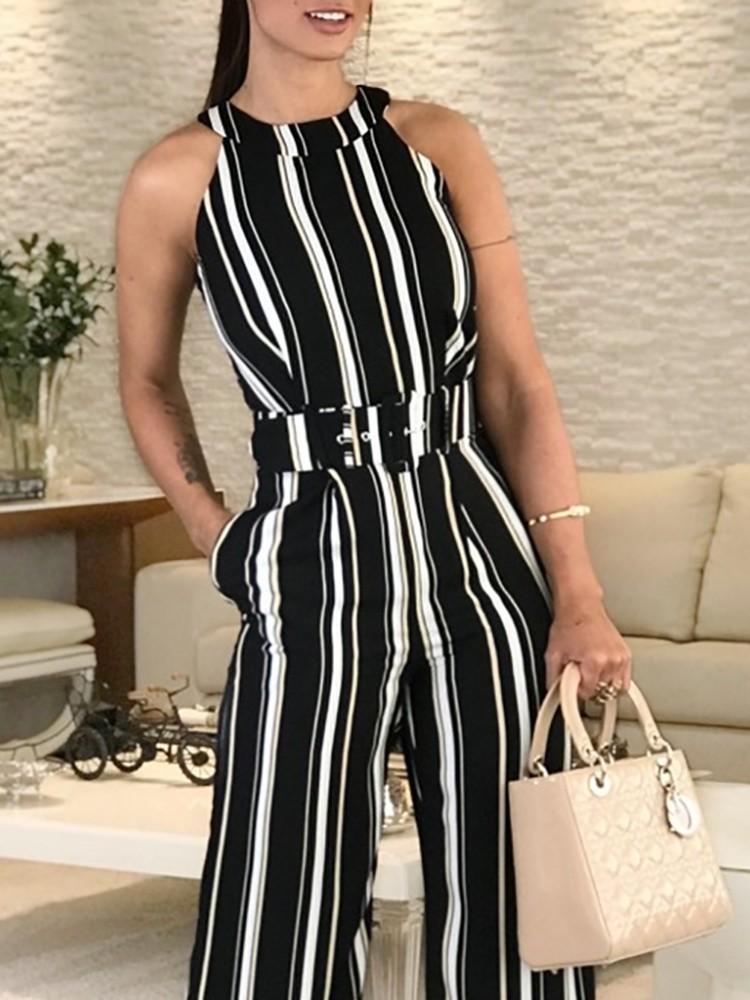 Halter Striped Sleeveless Belted Jumpsuits - DadHats2ow6ix