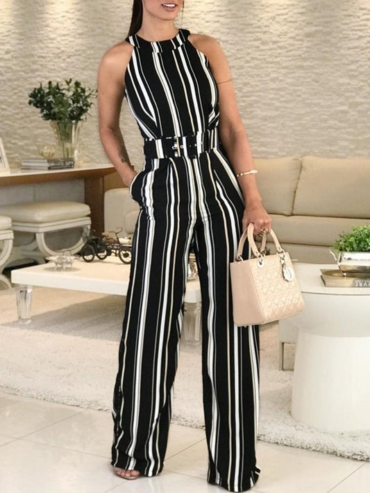 Halter Striped Sleeveless Belted Jumpsuits - DadHats2ow6ix