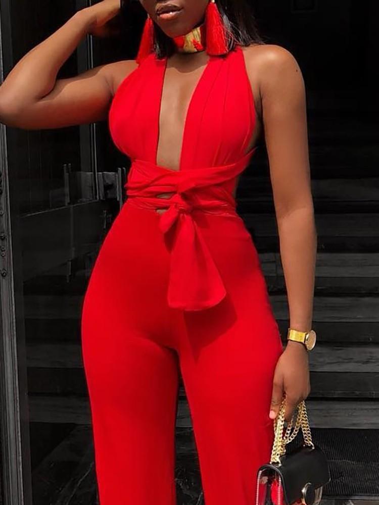 Plunge Halter Tie Waist Wide Leg Jumpsuit - DadHats2ow6ix