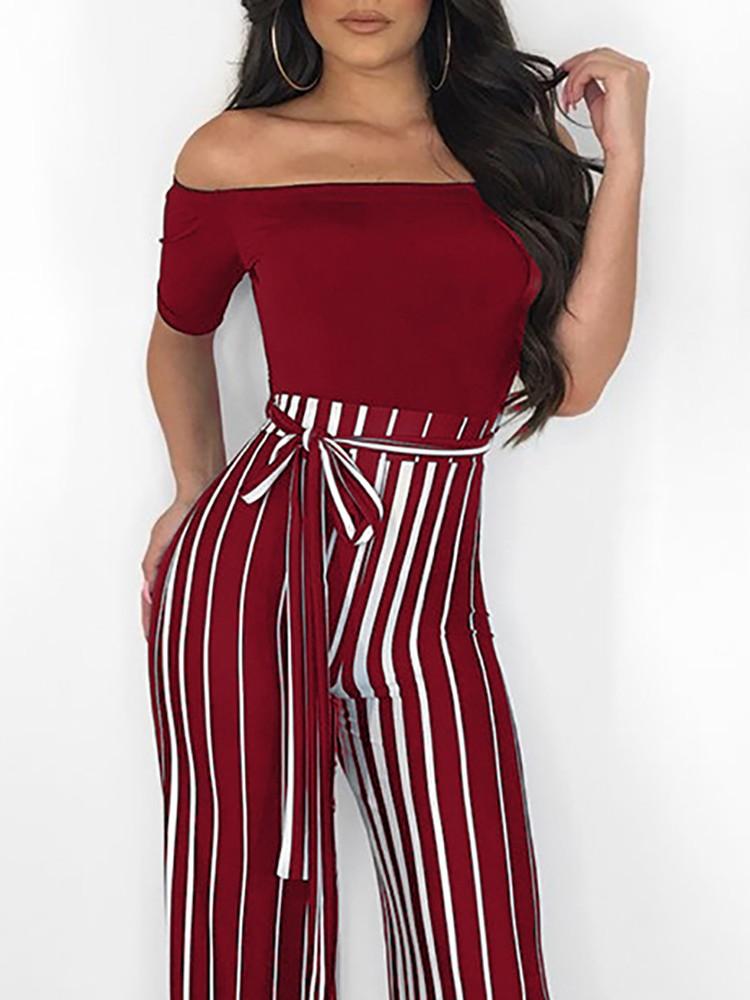 Off Shoulder Striped Splicing Tied Waist Jumpsuit - DadHats2ow6ix