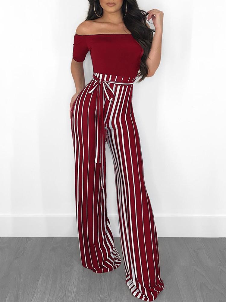 Off Shoulder Striped Splicing Tied Waist Jumpsuit - DadHats2ow6ix