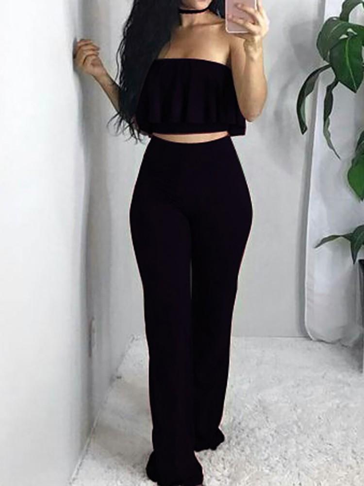 Ruffled Strapless Cropped Top With Pants Set - DadHats2ow6ix