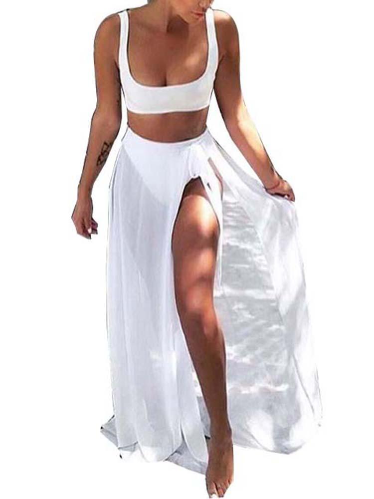 Sexy Solid Bikini Wtih High Slit Skirt Sets - DadHats2ow6ix