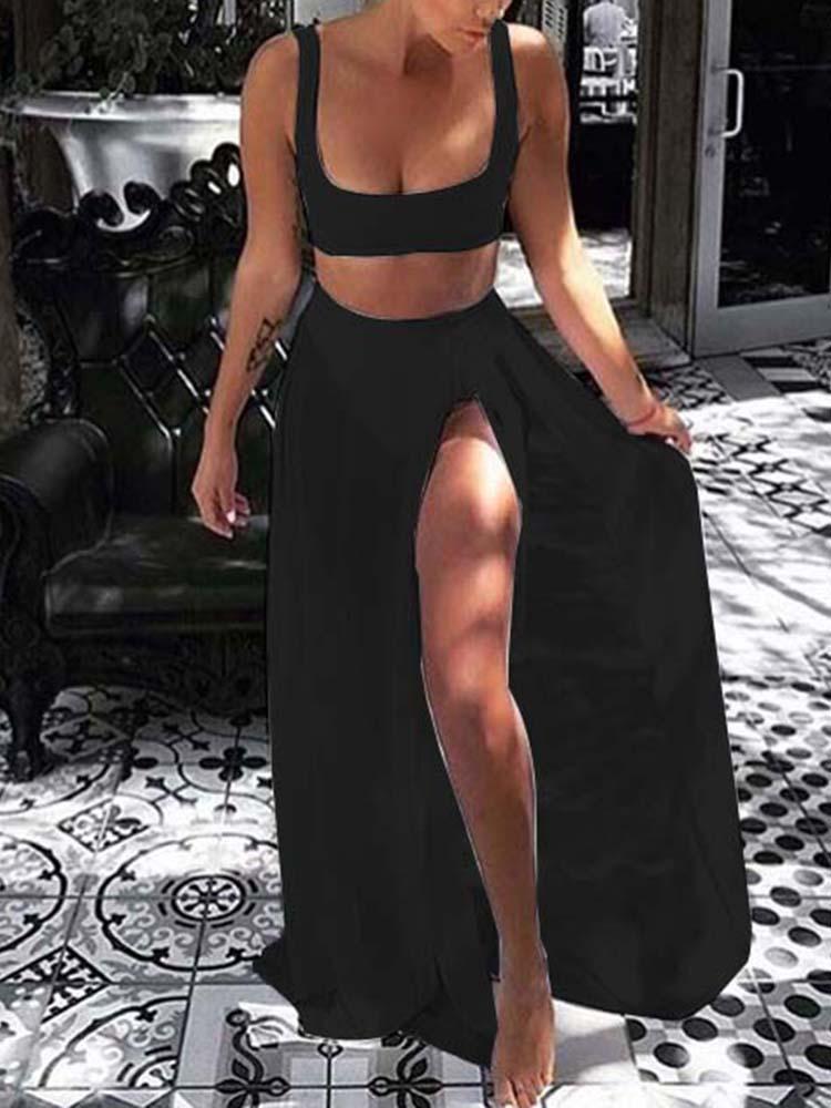 Sexy Solid Bikini Wtih High Slit Skirt Sets - DadHats2ow6ix