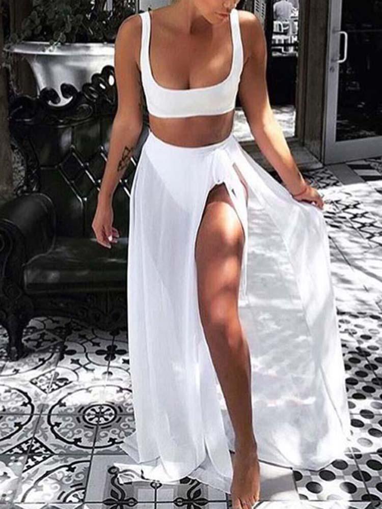 Sexy Solid Bikini Wtih High Slit Skirt Sets - DadHats2ow6ix