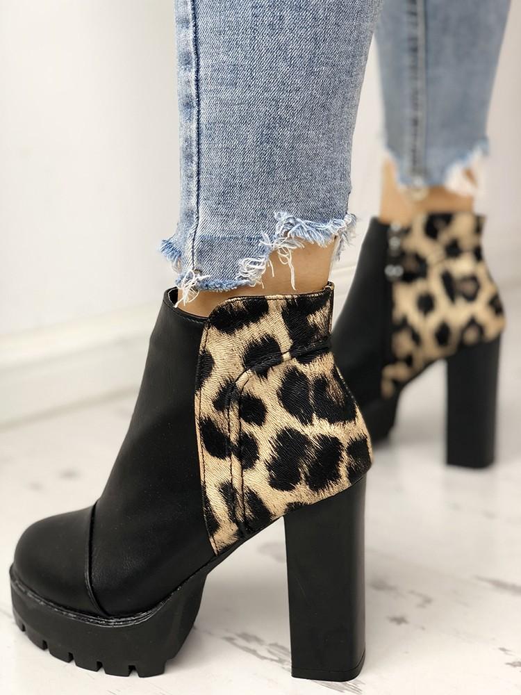 Leopard Insert Platform Chunky Heeled Ankle Boots - DadHats2ow6ix