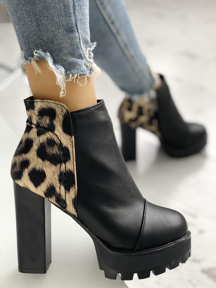 Leopard Insert Platform Chunky Heeled Ankle Boots - DadHats2ow6ix