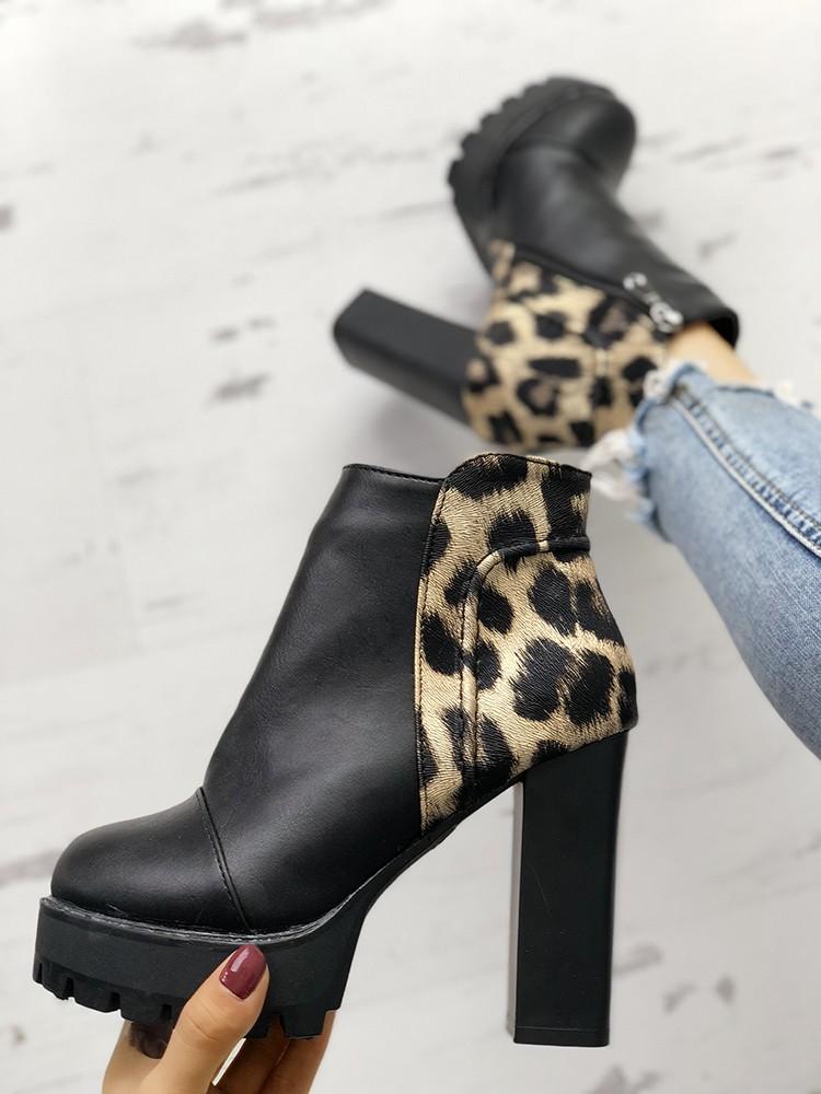 Leopard Insert Platform Chunky Heeled Ankle Boots - DadHats2ow6ix